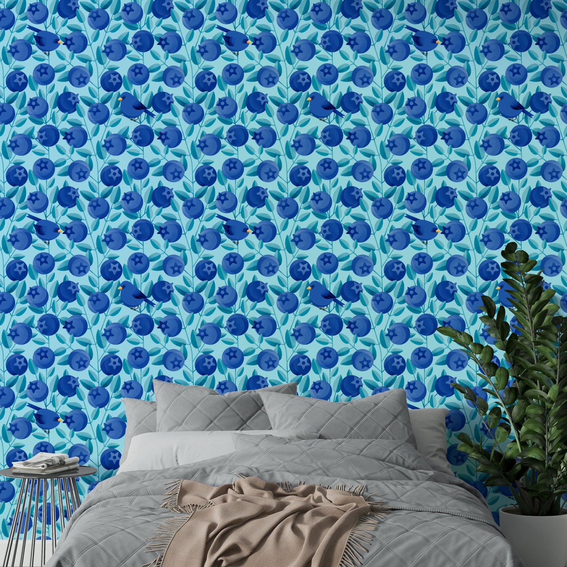 Blueberry mural wallpaper with birds

