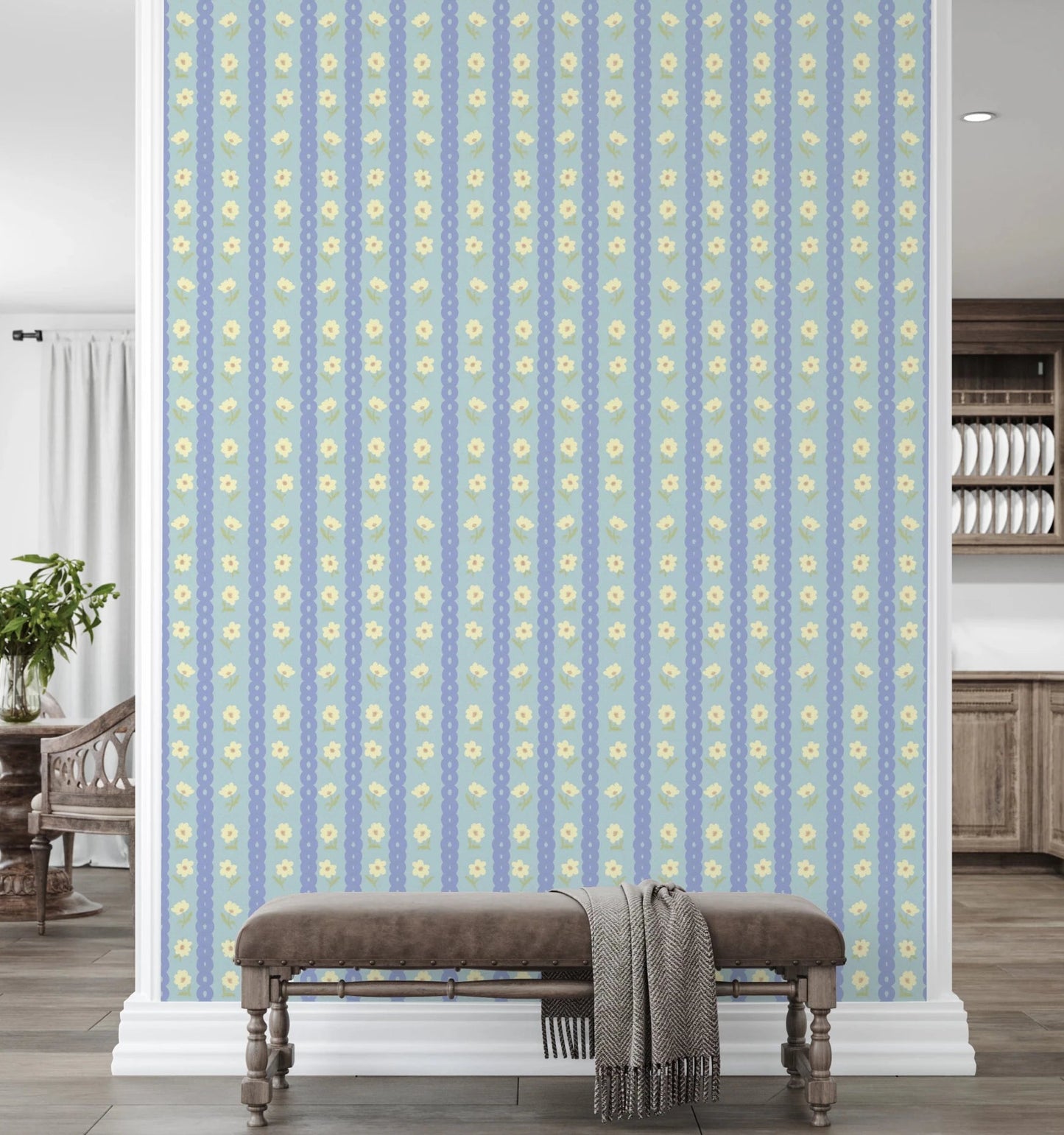 Blue Bloom Stripes Wallpaper⁠