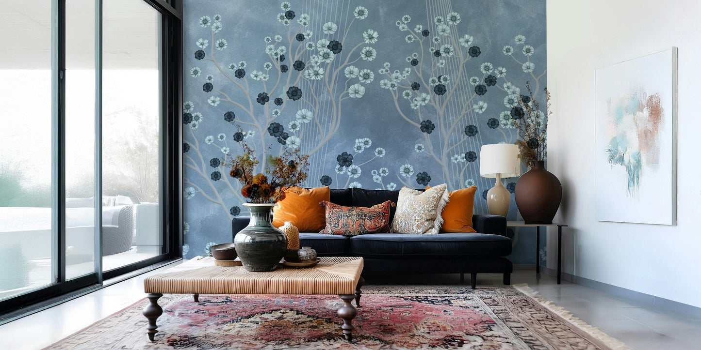 Indigo floral mural in a flat lounge, modern feature wall depth