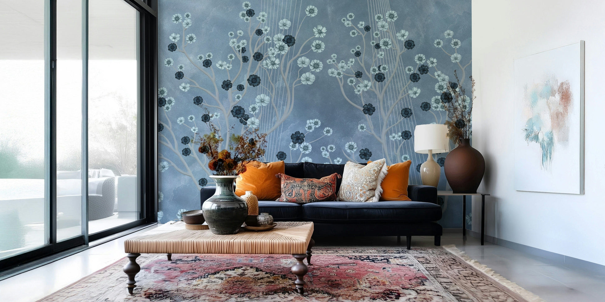 Indigo floral mural in a flat lounge, modern feature wall depth