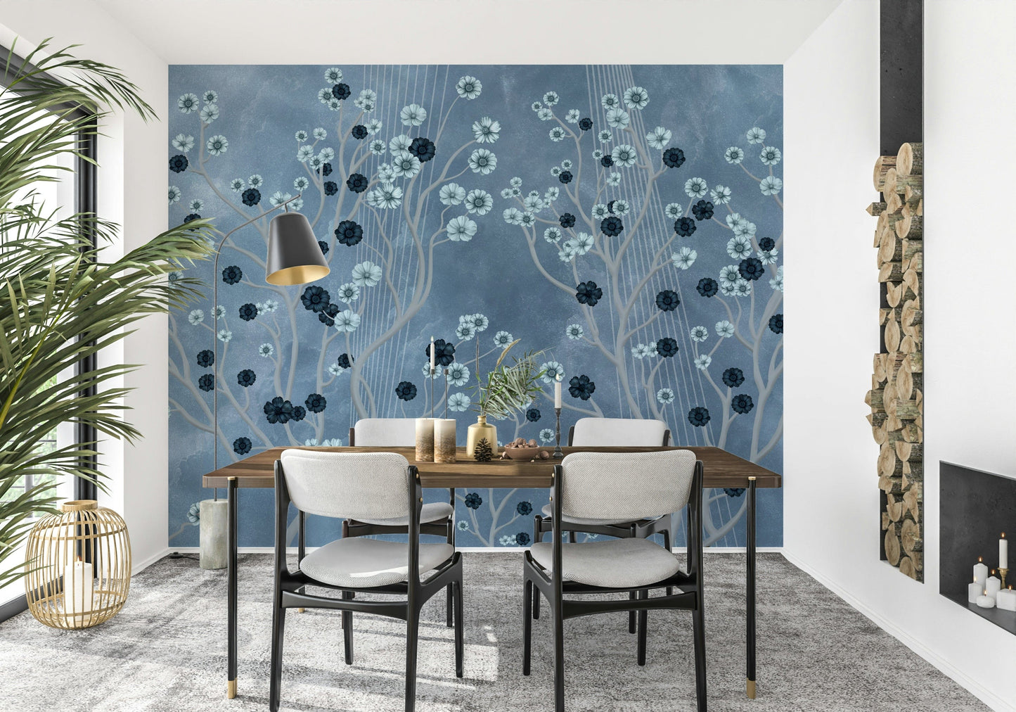 Indigo floral canopy mural in bedroom, soft colour and detail