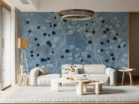 Indigo canopy mural behind bed, modern bedroom home décor colour