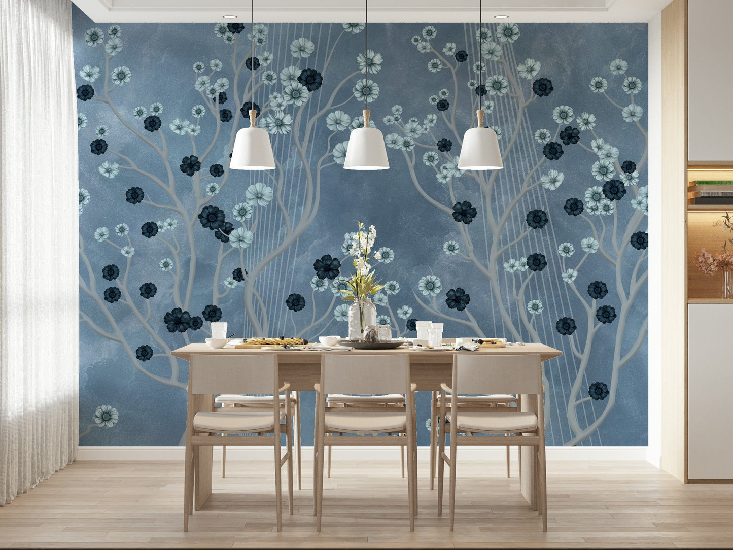 Indigo blooms mural on dining feature wall, muted modern colours