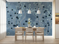 Indigo blooms mural on dining feature wall, muted modern colours