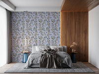 Blue Blossom Trail wallpaper soft lavender background watercolor floral pattern bedroom