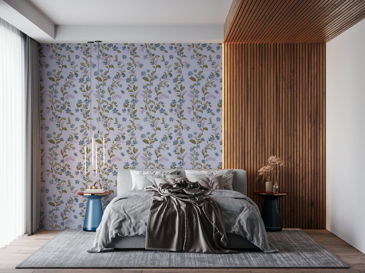 Blue Blossom Trail wallpaper soft lavender background watercolor floral pattern bedroom