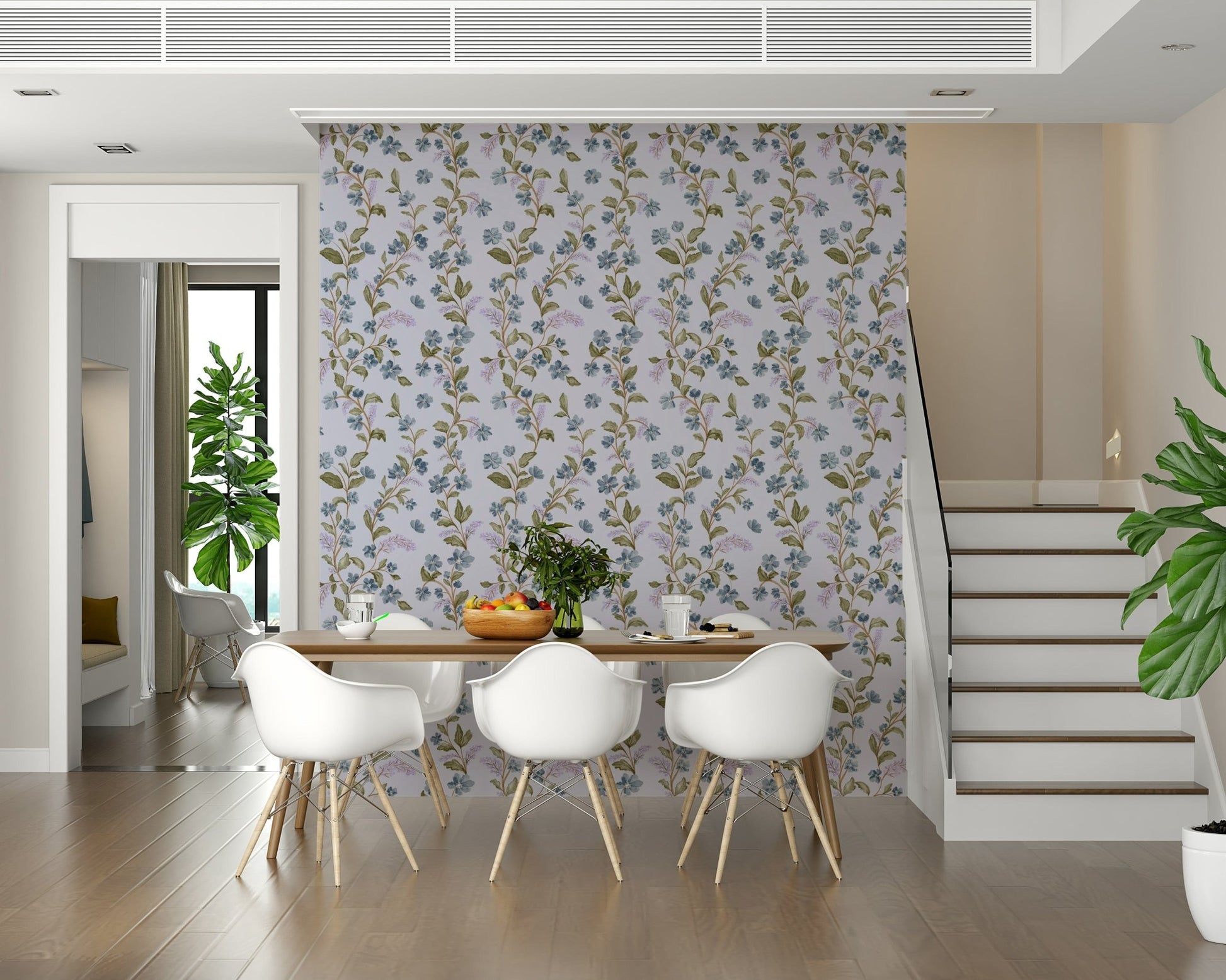 Artistic meadow flower Blue Blossom Trail mural wallpaper gentle spring vibe