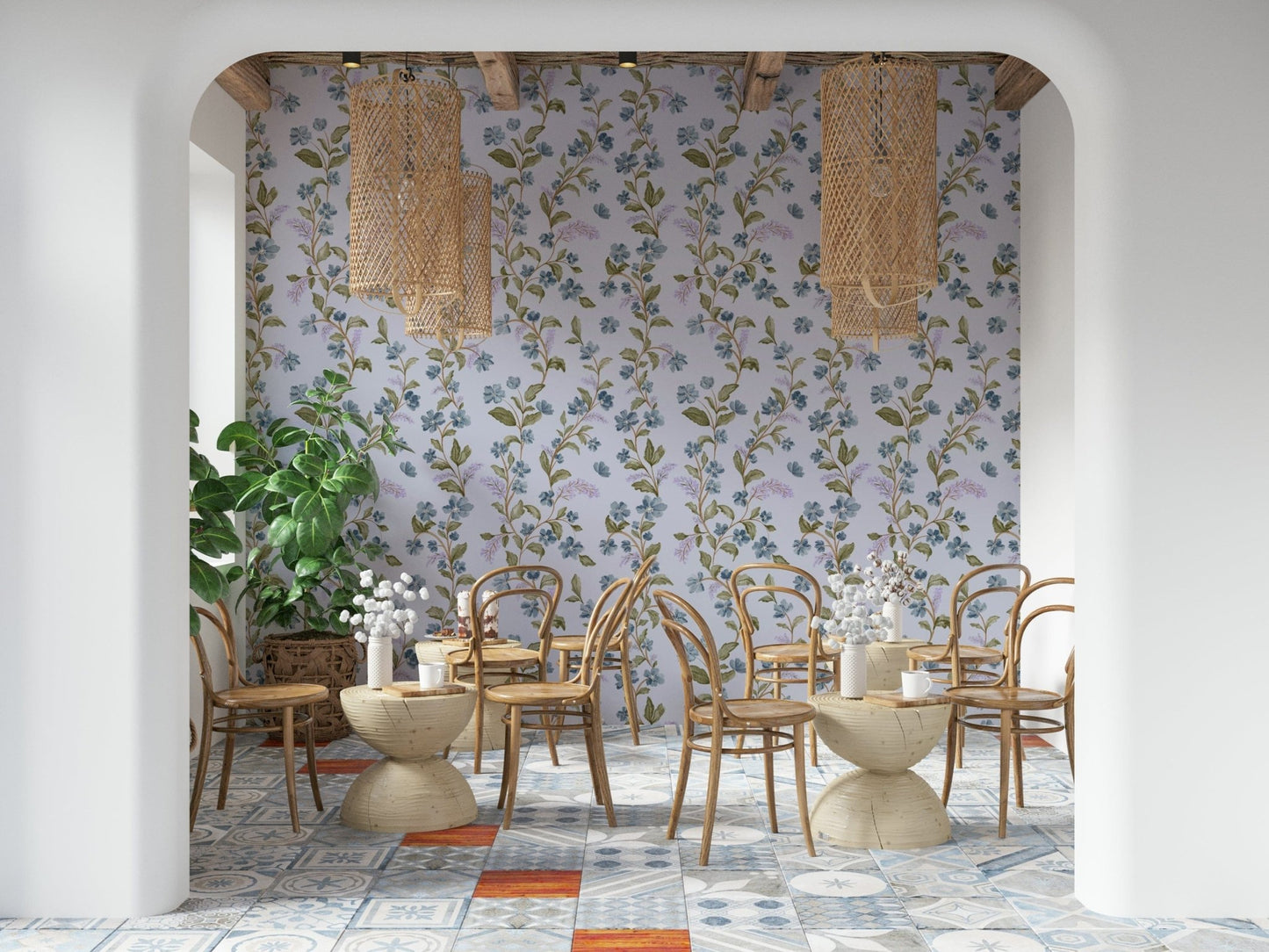 Romantic garden aesthetic Blue Blossom Trail wall mural climbing plant motif