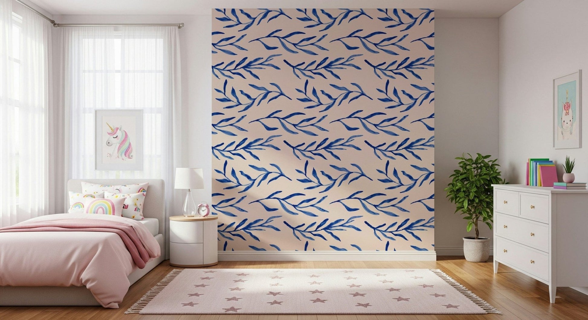 Detailed blue plant illustrations forming a gentle botanical wall design.