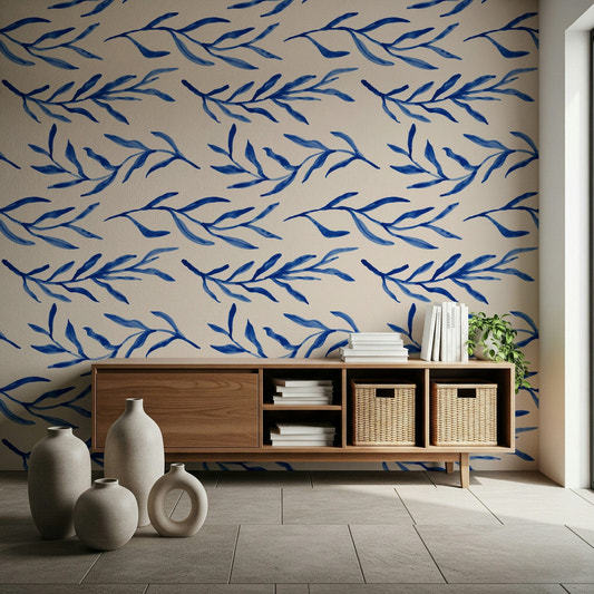 Blue botanical print wallpaper featuring delicate floral illustrations.