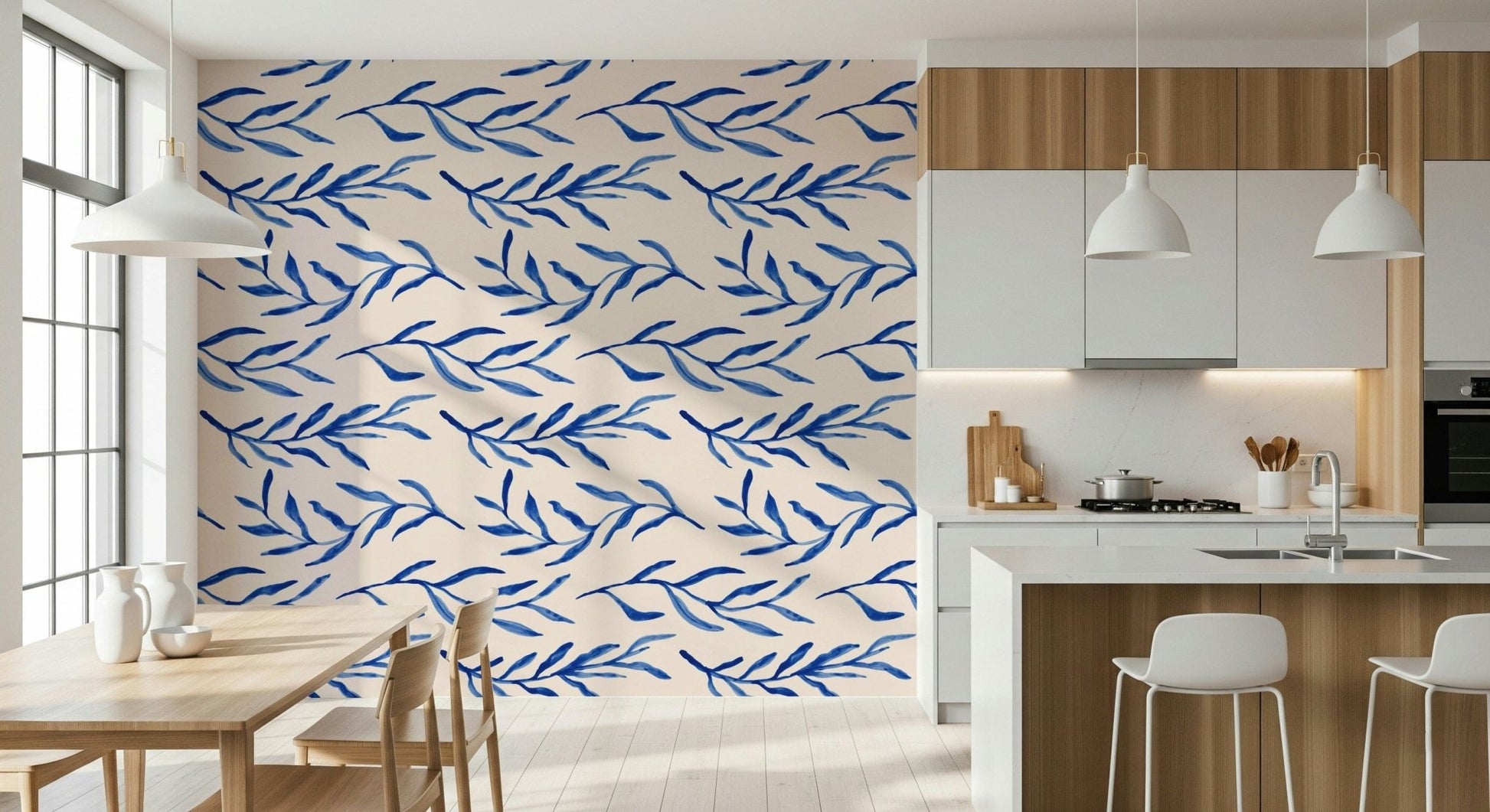 Modern blue botanical wallpaper with crisp, artistic plant sketches.