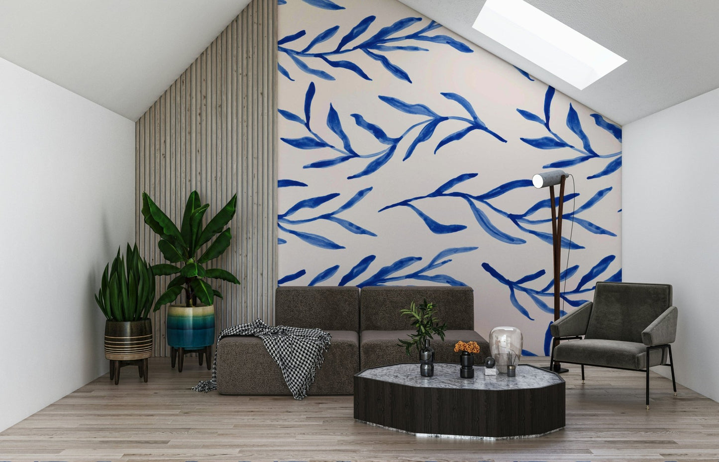 Elegant blue botanical pattern showcasing detailed foliage designs.