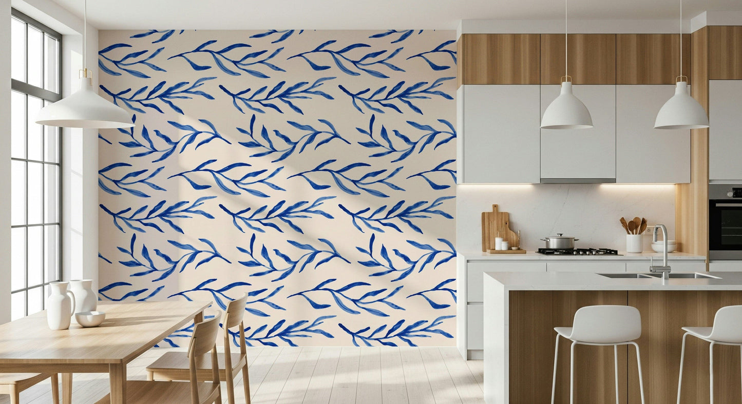 Modern blue botanical wallpaper with crisp, artistic plant sketches.