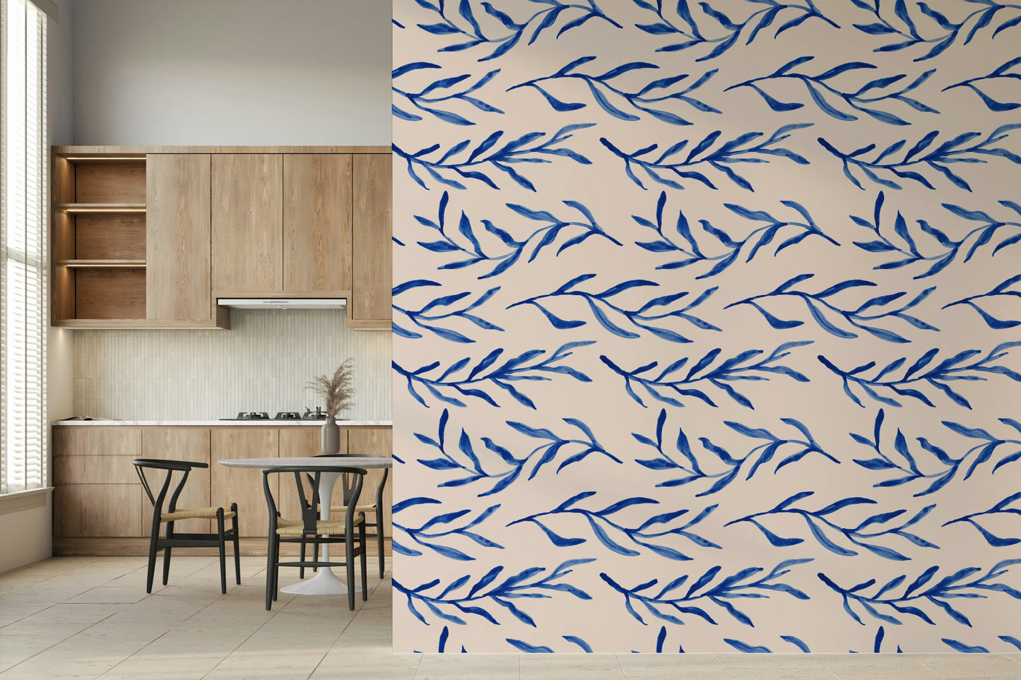Stylized blue leaf and floral pattern creating a serene wall backdrop.