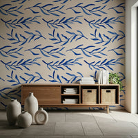 Blue botanical print wallpaper featuring delicate floral illustrations.