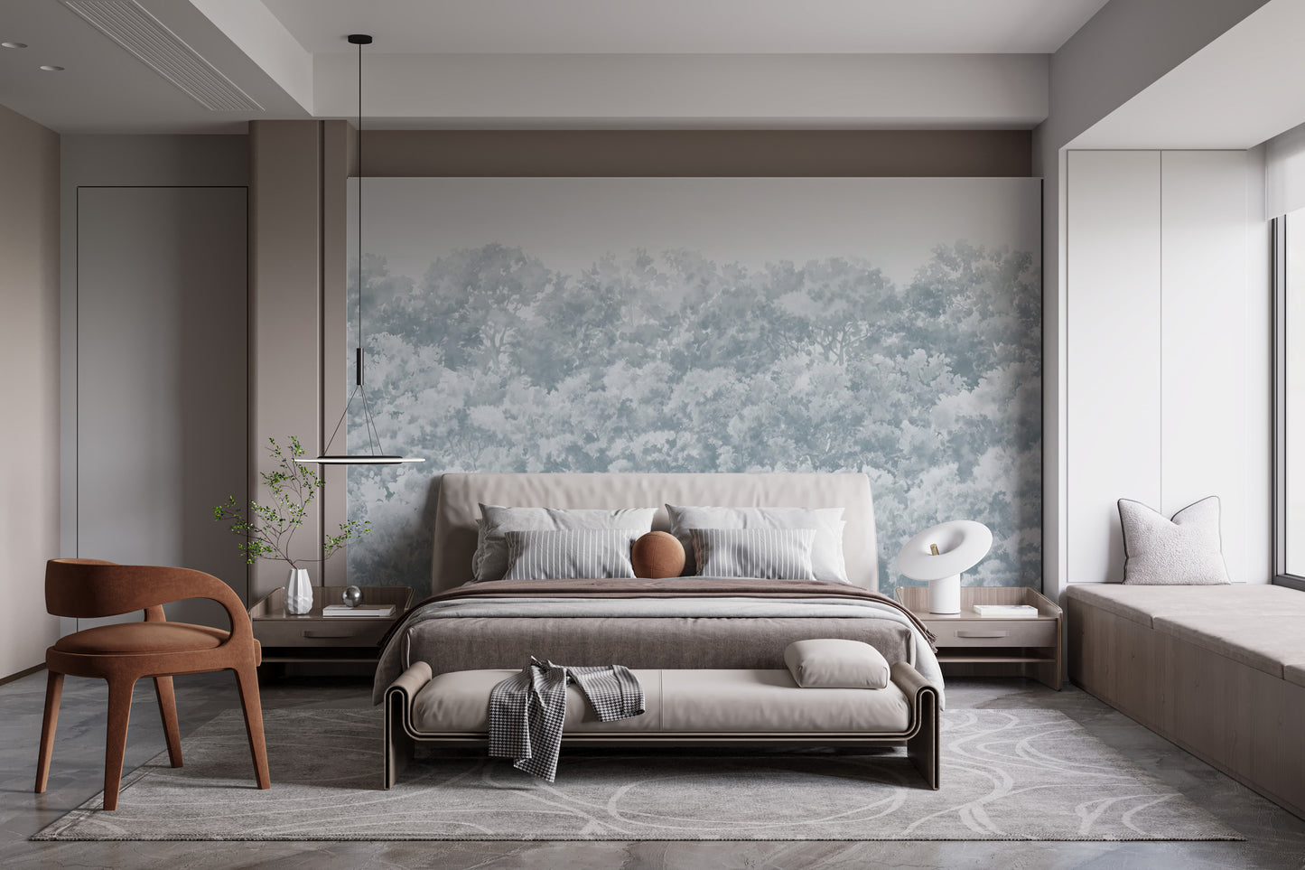Blue Buttonwood Tree wallpaper mural of a soft grey-blue forest treeline behind a beige bed in a calm bedroom