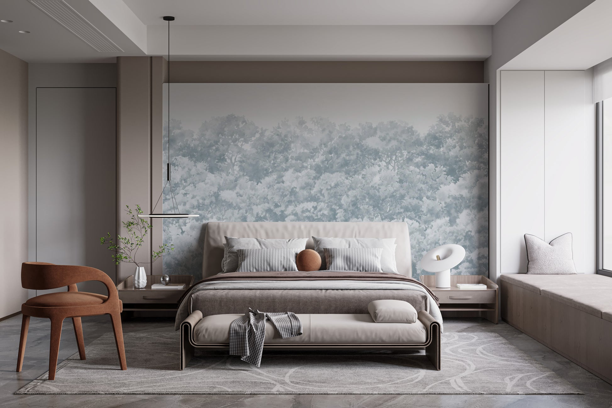 Blue Buttonwood Tree wallpaper mural of a soft grey-blue forest treeline behind a beige bed in a calm bedroom