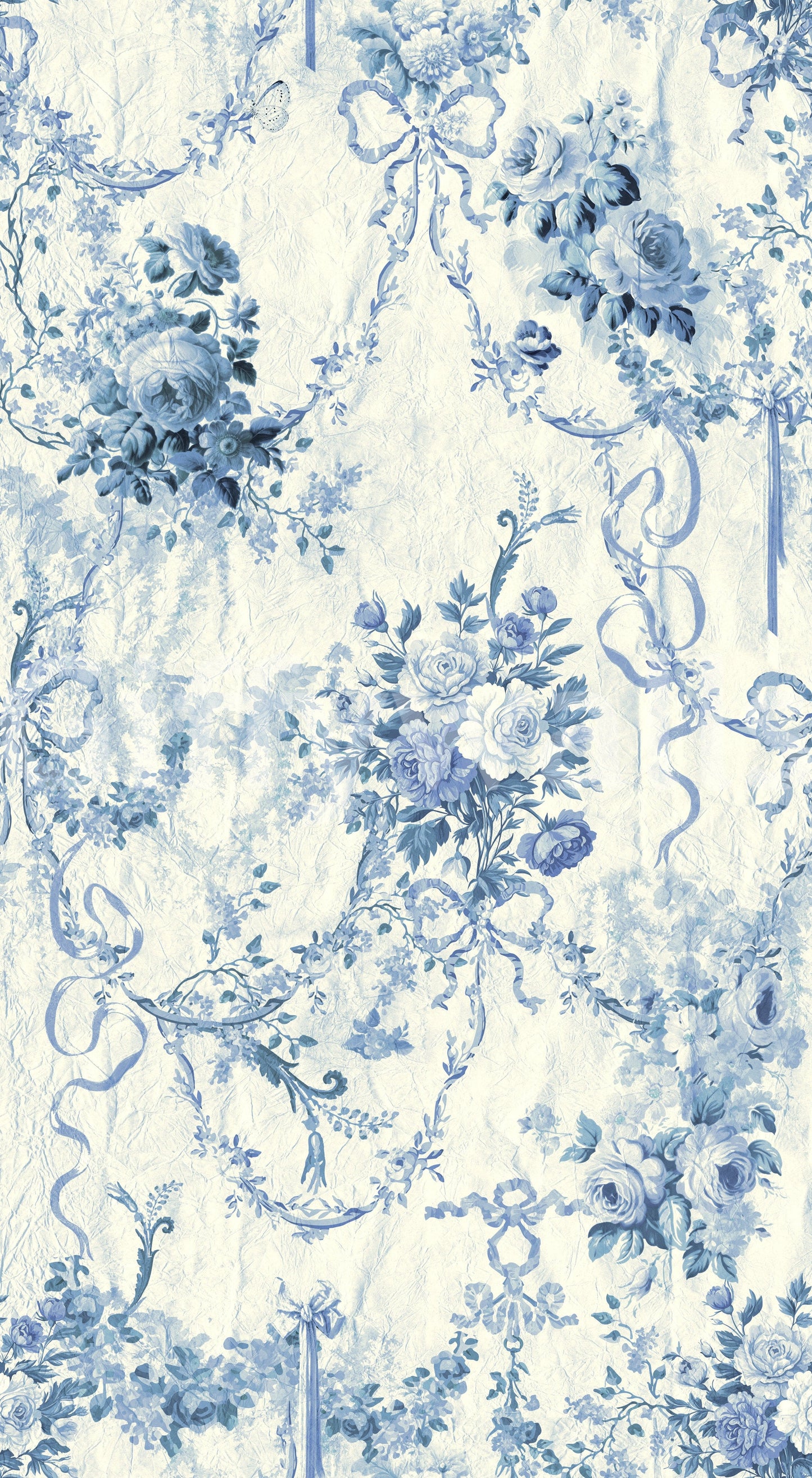 French Blue Floral Chinoiserie Charm roses and ribbon swags.