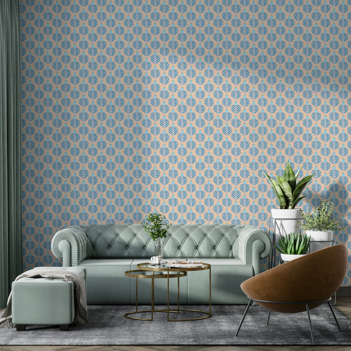 Exotic blue chunky plant wallpaper with vibrant jungle jewel motifs

