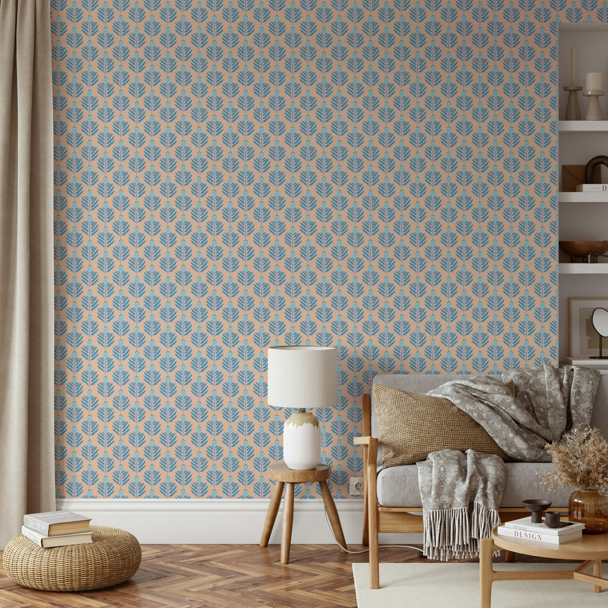 Vibrant blue chunky plant wallpaper featuring jungle jewel details


