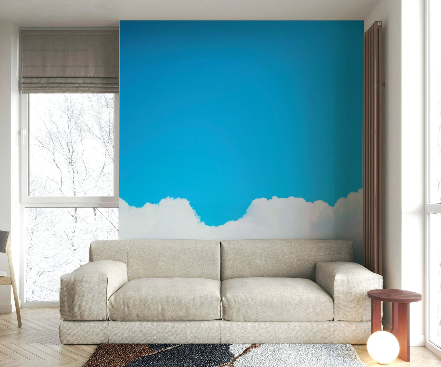 A graceful subtle cloud wall mural in bright blue tones.

