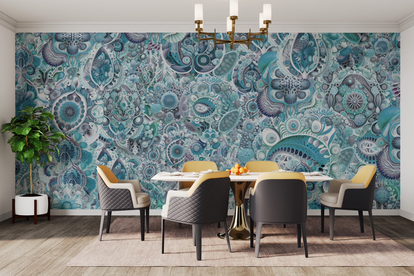 Blue abstract Haeckel mural wallpaper for a striking visual impact.