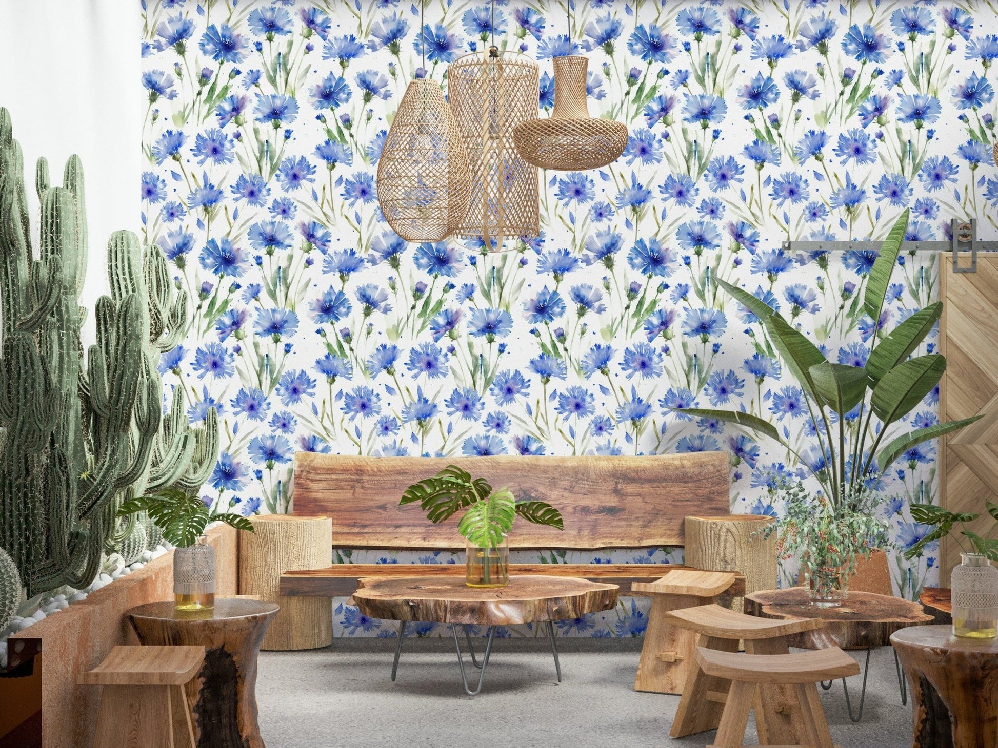 Home interior Blue Cornflower Dream, watercolor cornflower repeating motif.