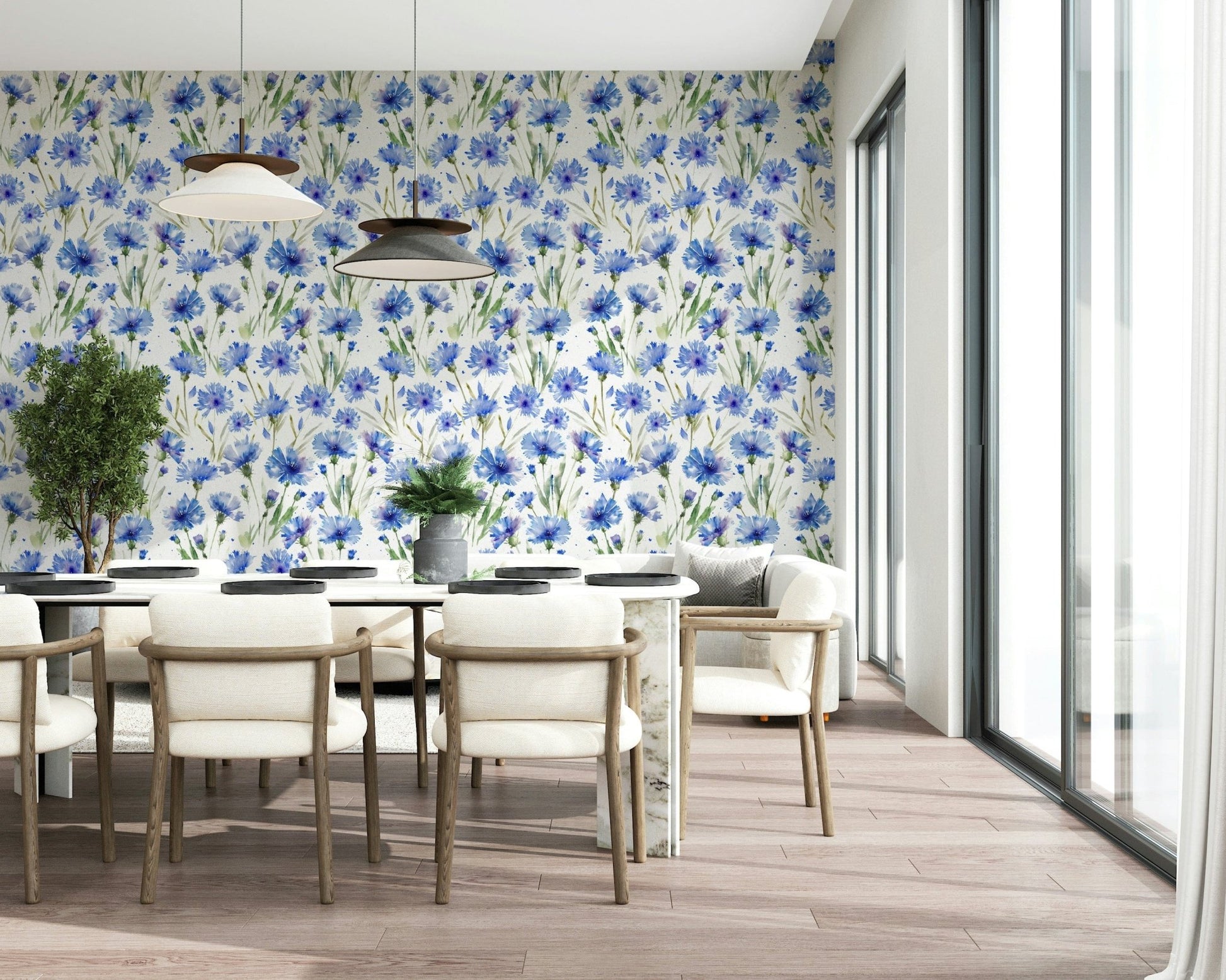 Blue Cornflower Dream temporary stick-on, calming pastel flower mural.