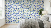 Wallcovering Blue Cornflower Dream, vibrant cerulean floral meadow scene.