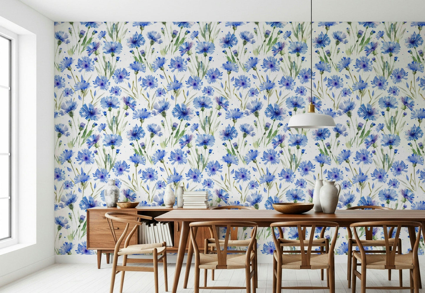 Blue Cornflower Dream adhesive paper, subtle green stem elements background.