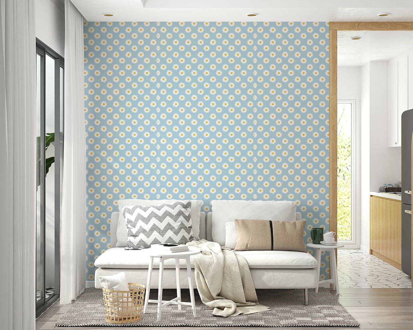 The wallpaper is installed in a formal, elegant living room.

