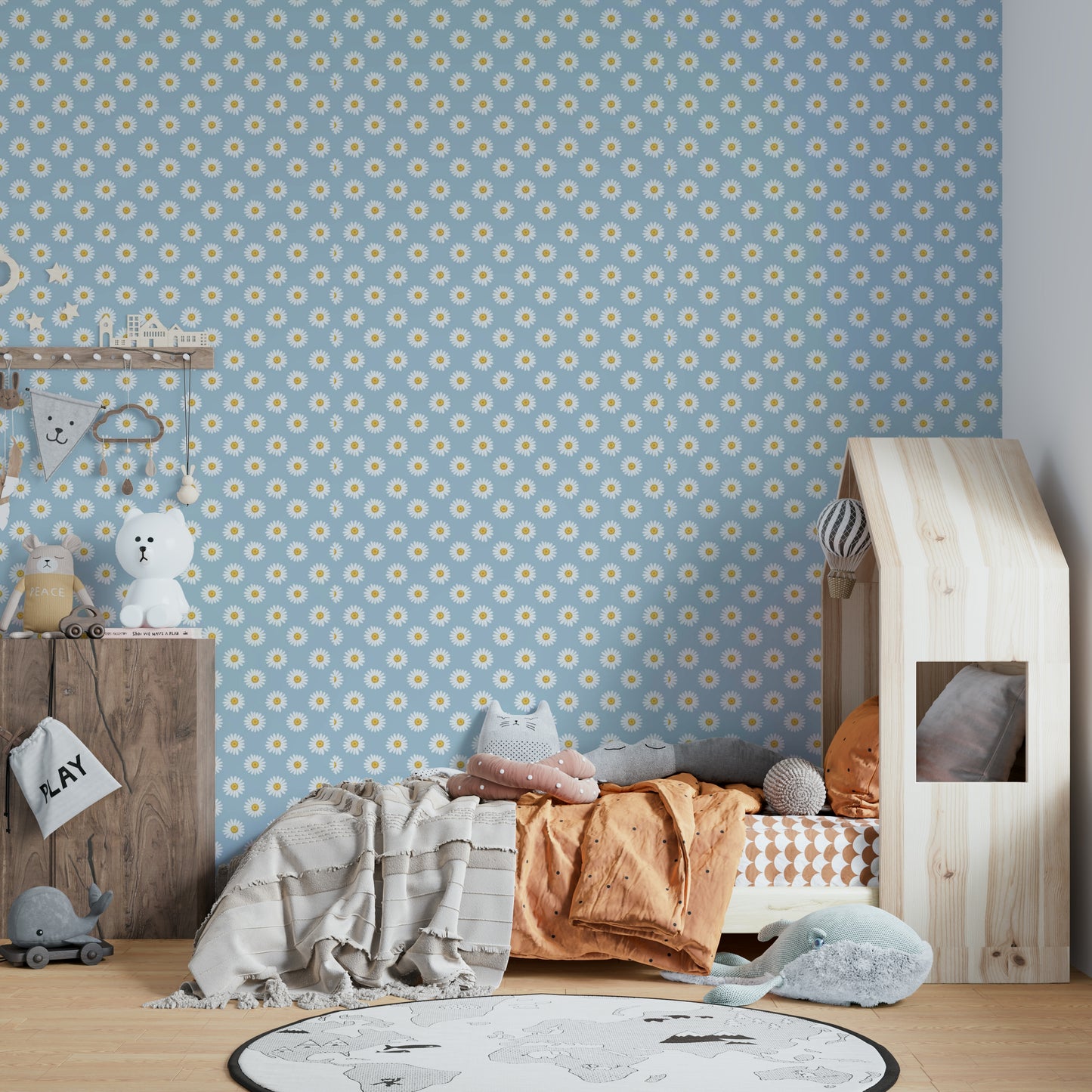 The image shows a repeating design with white daisies.

