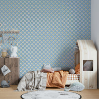 The image shows a repeating design with white daisies.

