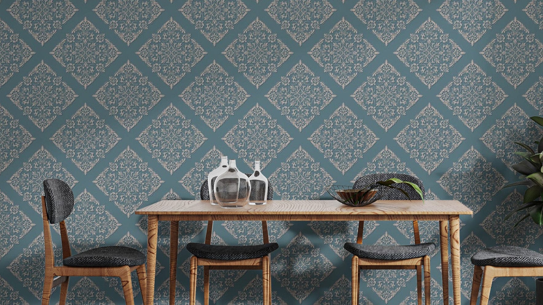 Blue damask peel and stick mural wallpaper for dining area
