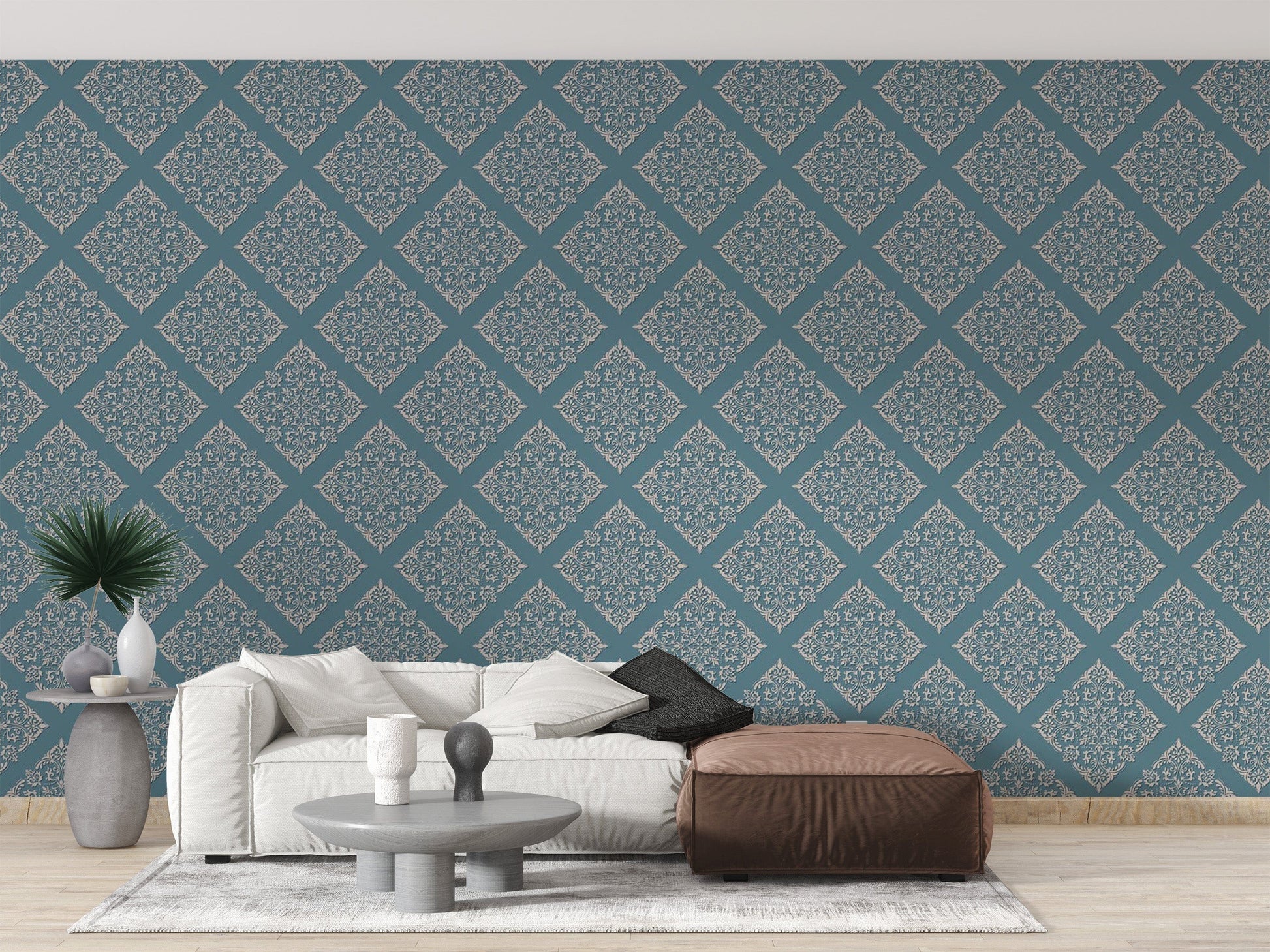 Vibrant blue damask removable wall design
