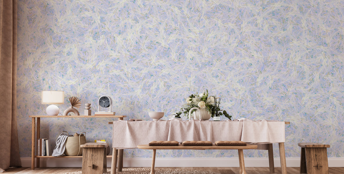 Blue Dancing Leaves Lila Azur wallpaper mural in a dining room with a wood table, pink runner and bench