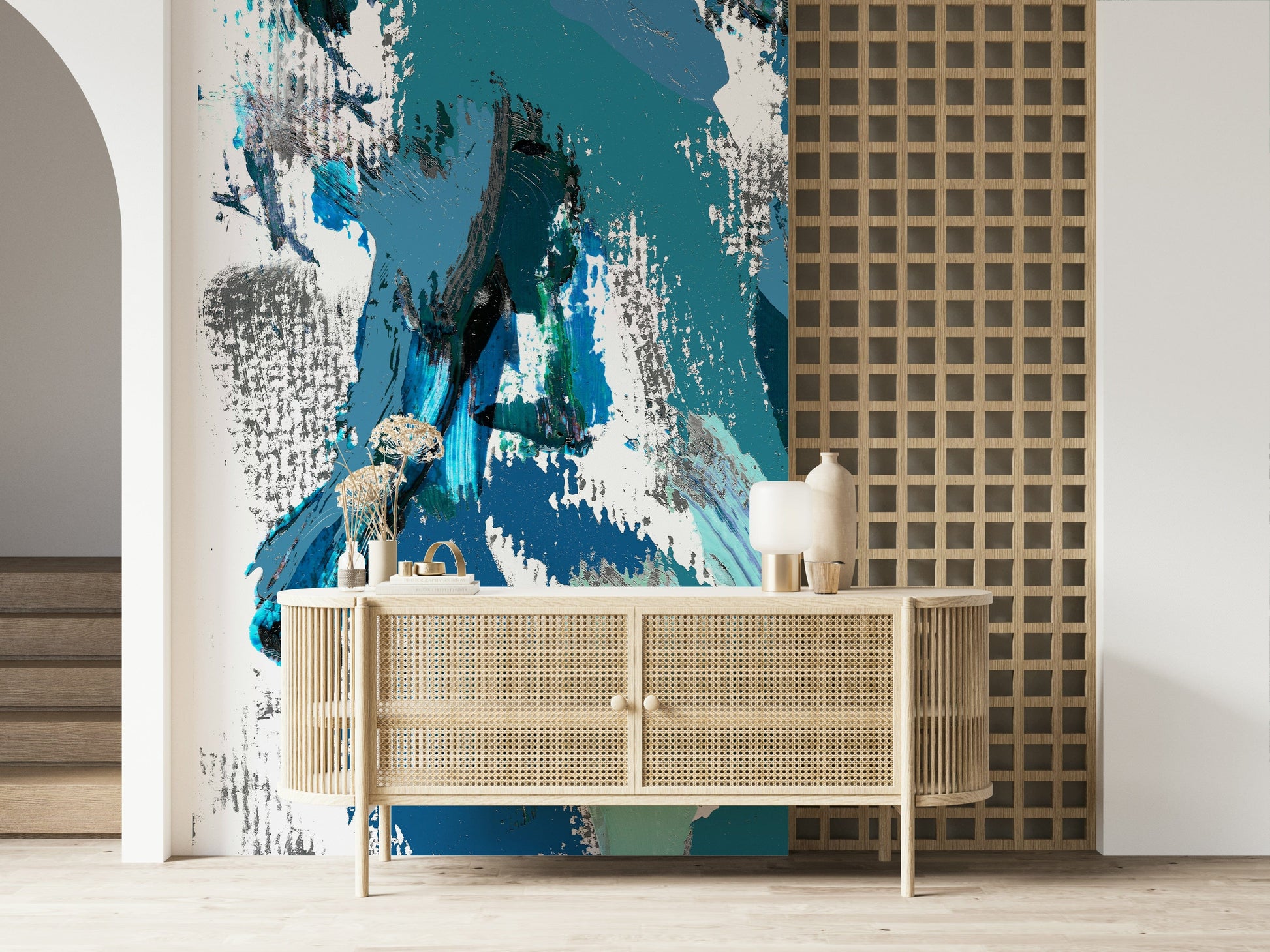 An artistic minimalist form mural for home decor.

