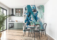 An artistic abstract shape mural on minimalist wallpaper.

