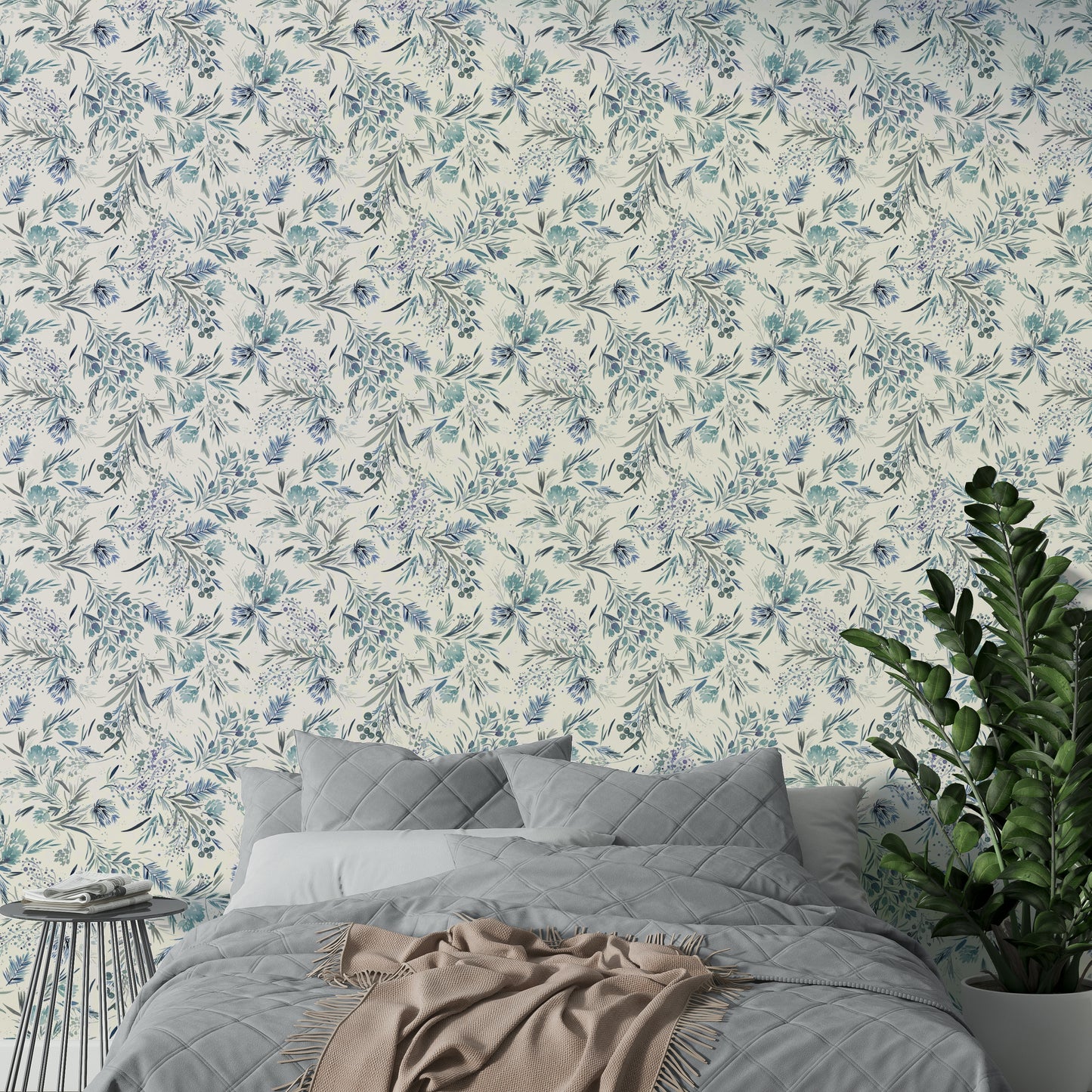 Blue plant and flower wallpaper with minimal design

