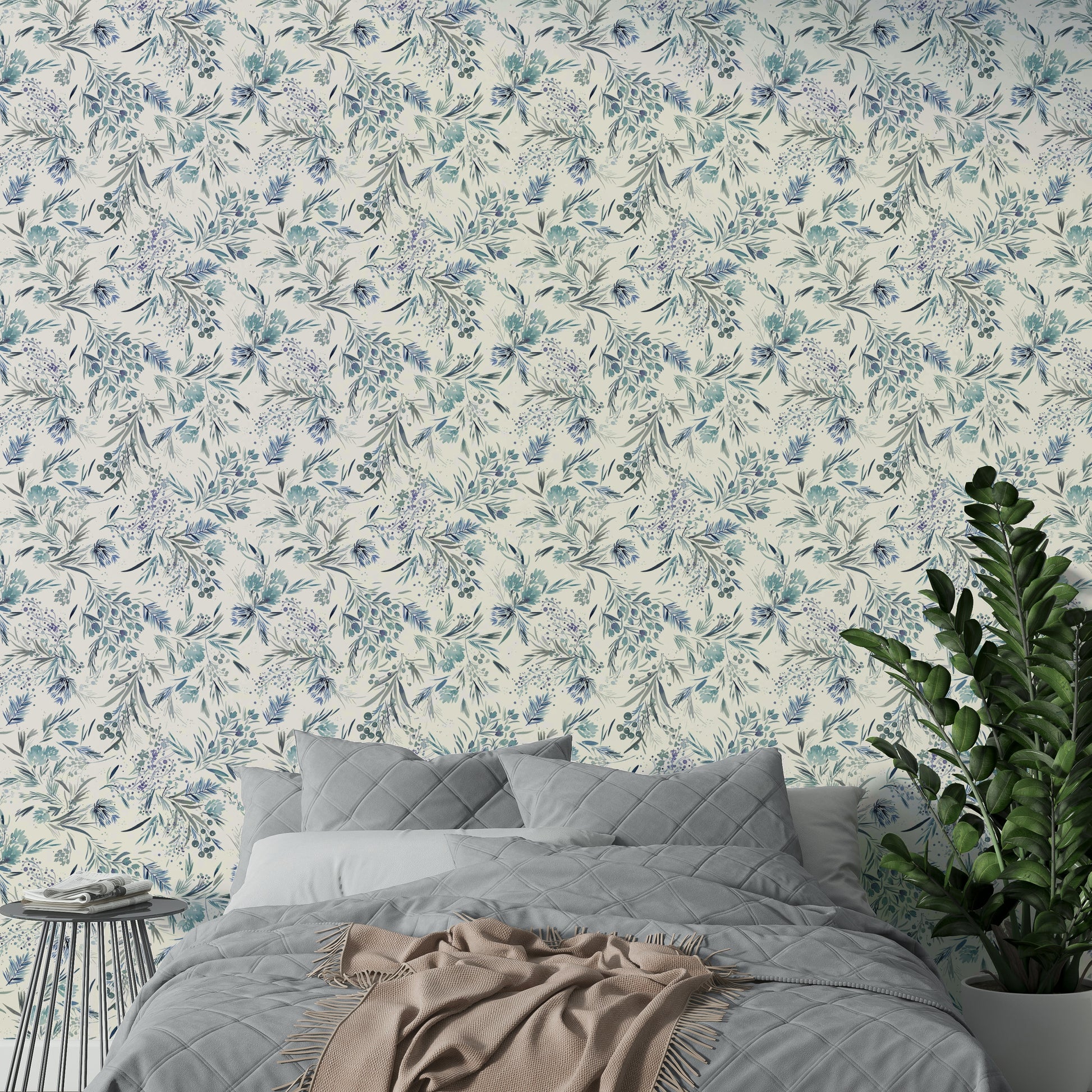 Blue plant and flower wallpaper with minimal design

