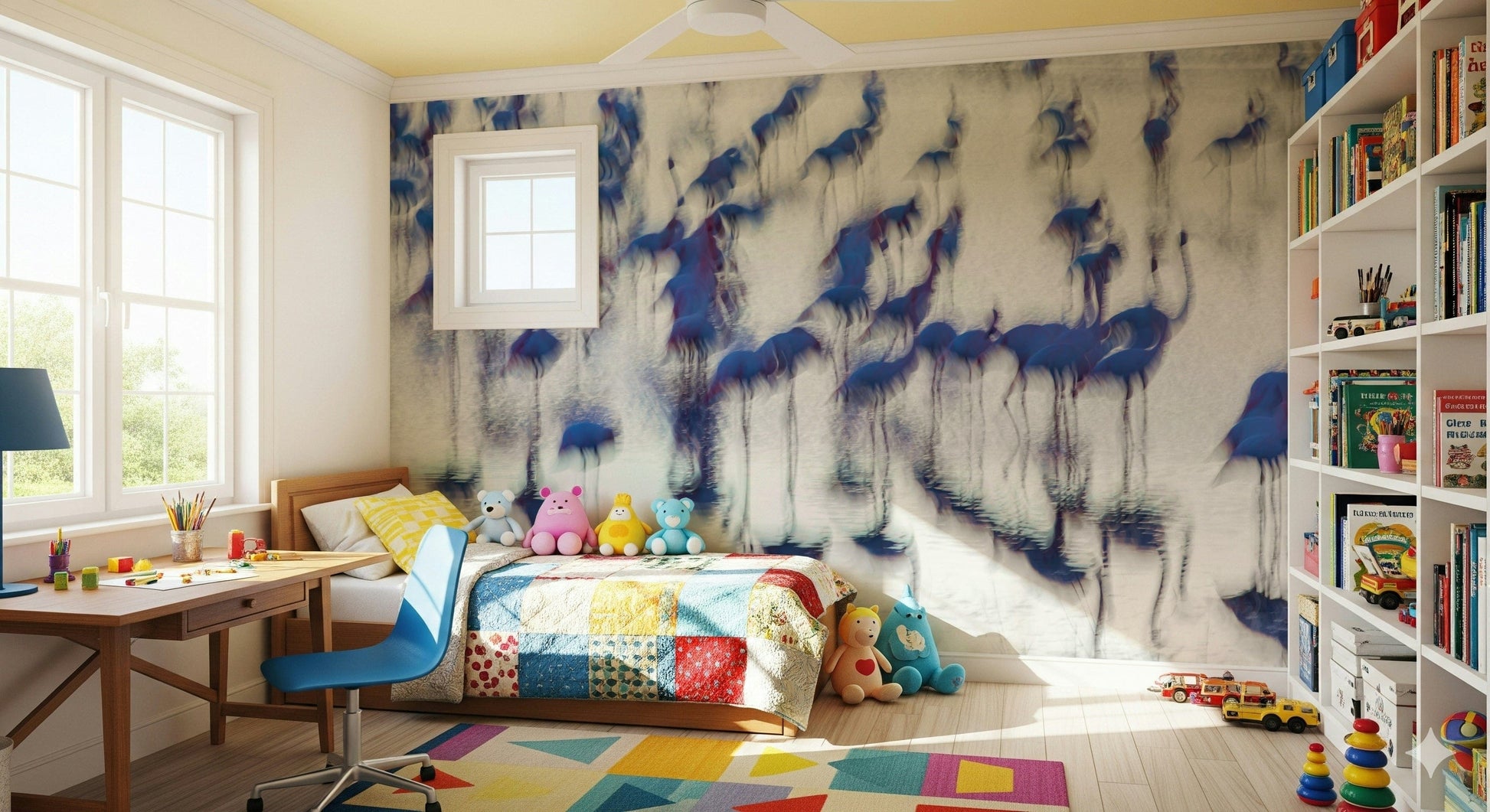 Flamingo Mirage wallpaper mural of blue flamingos behind a patchwork daybed and bookshelves in a kids room