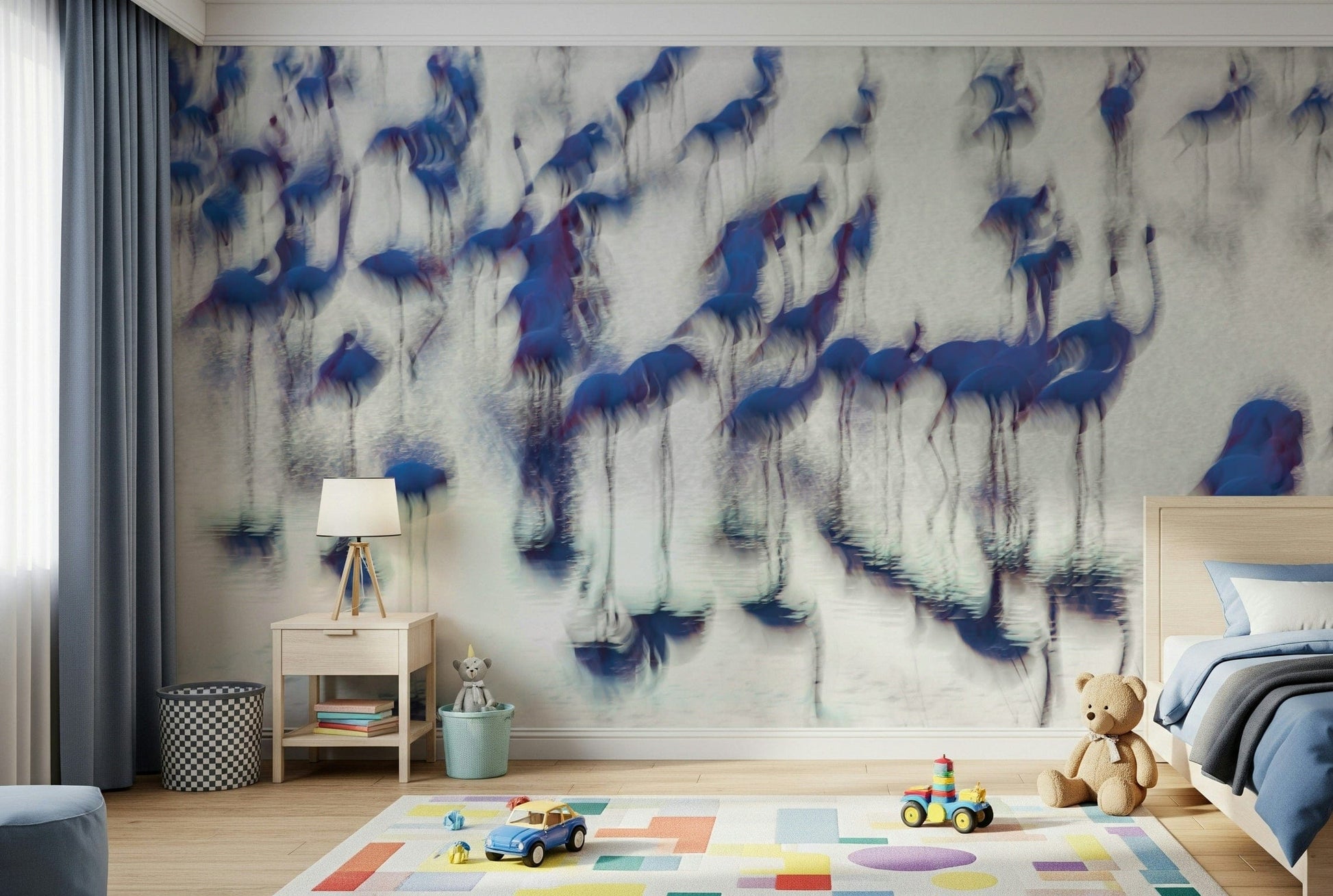 Flamingo Mirage wallpaper mural of abstract blue flamingos behind a wood bed and toy cars in a child's bedroom