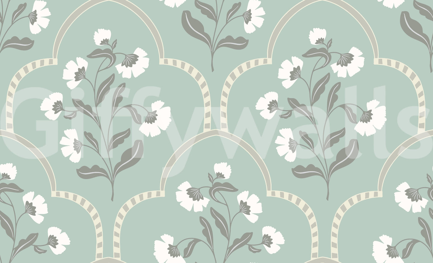 Elegant botanical wallpaper, decorative arches, soft pastel tones.