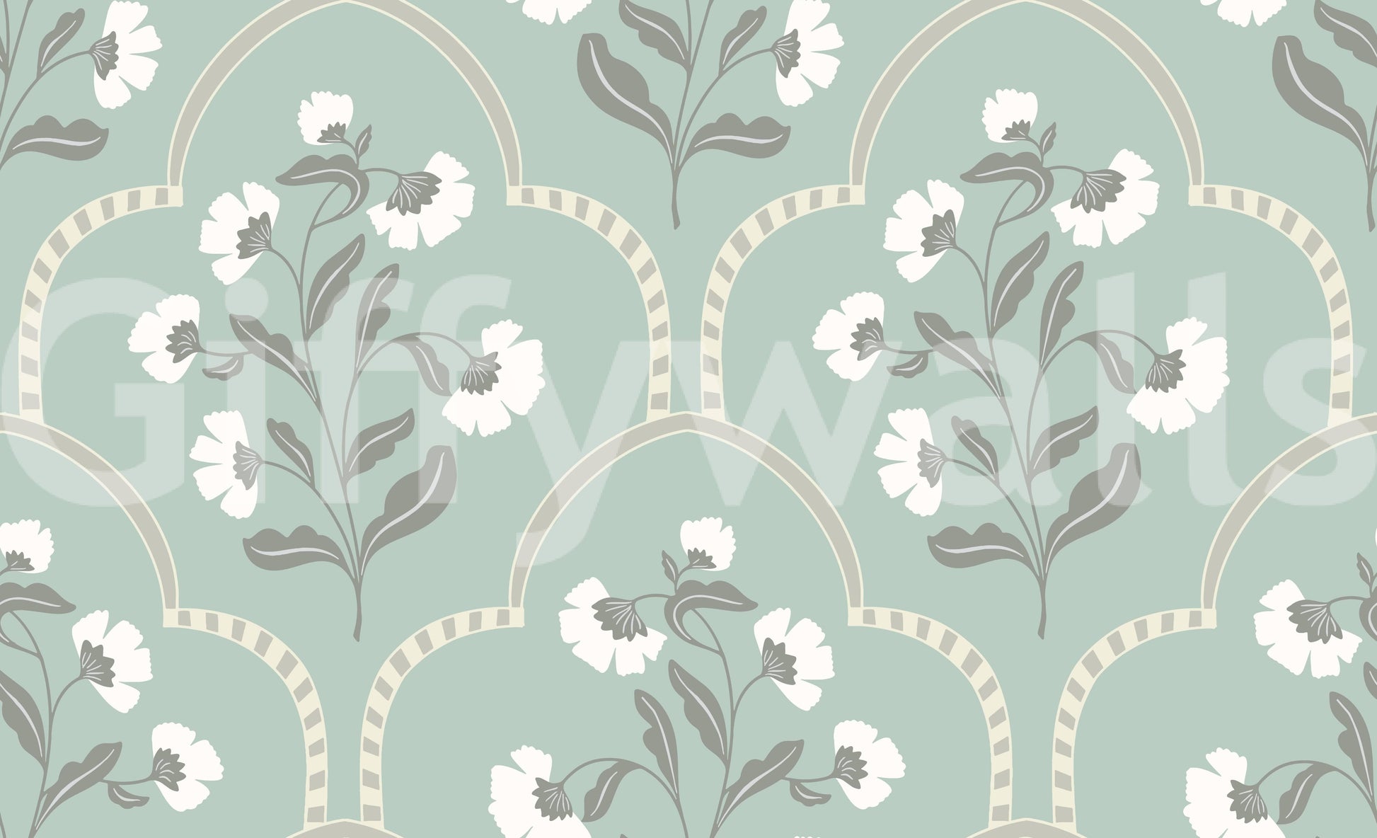 Elegant botanical wallpaper, decorative arches, soft pastel tones.