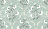Elegant botanical wallpaper, decorative arches, soft pastel tones.
