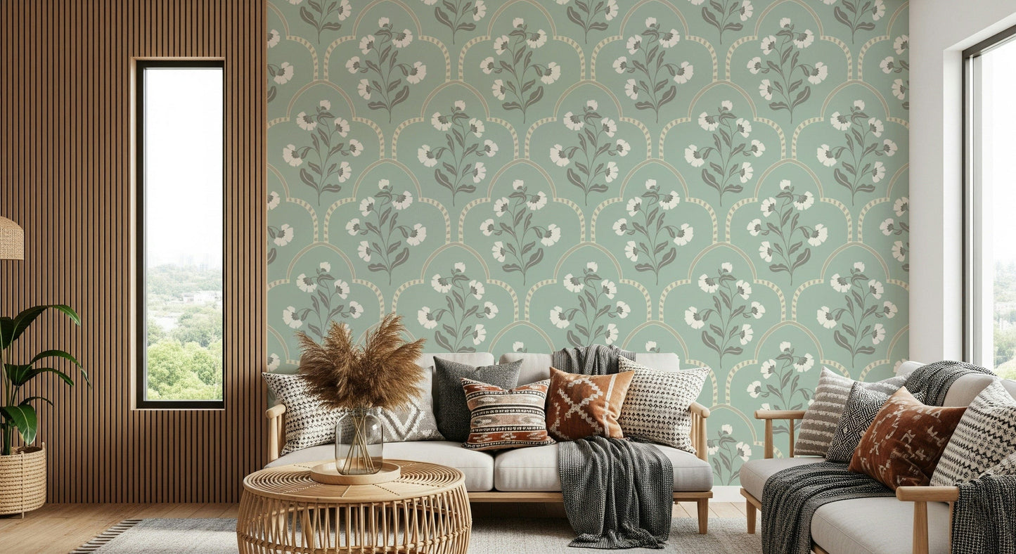 Arched Floral Elegance wallpaper, subtle texture, classic ornamental repeat.