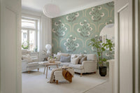 Flower wallpaper, pale green wall mural, repeating trellis design.