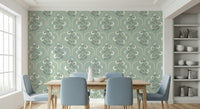 Mural wallpaper, delicate white florals, subtle grey leaf motif.