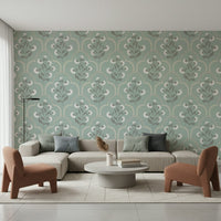 Arched Floral Elegance wallpaper, sage green curved geometric design.