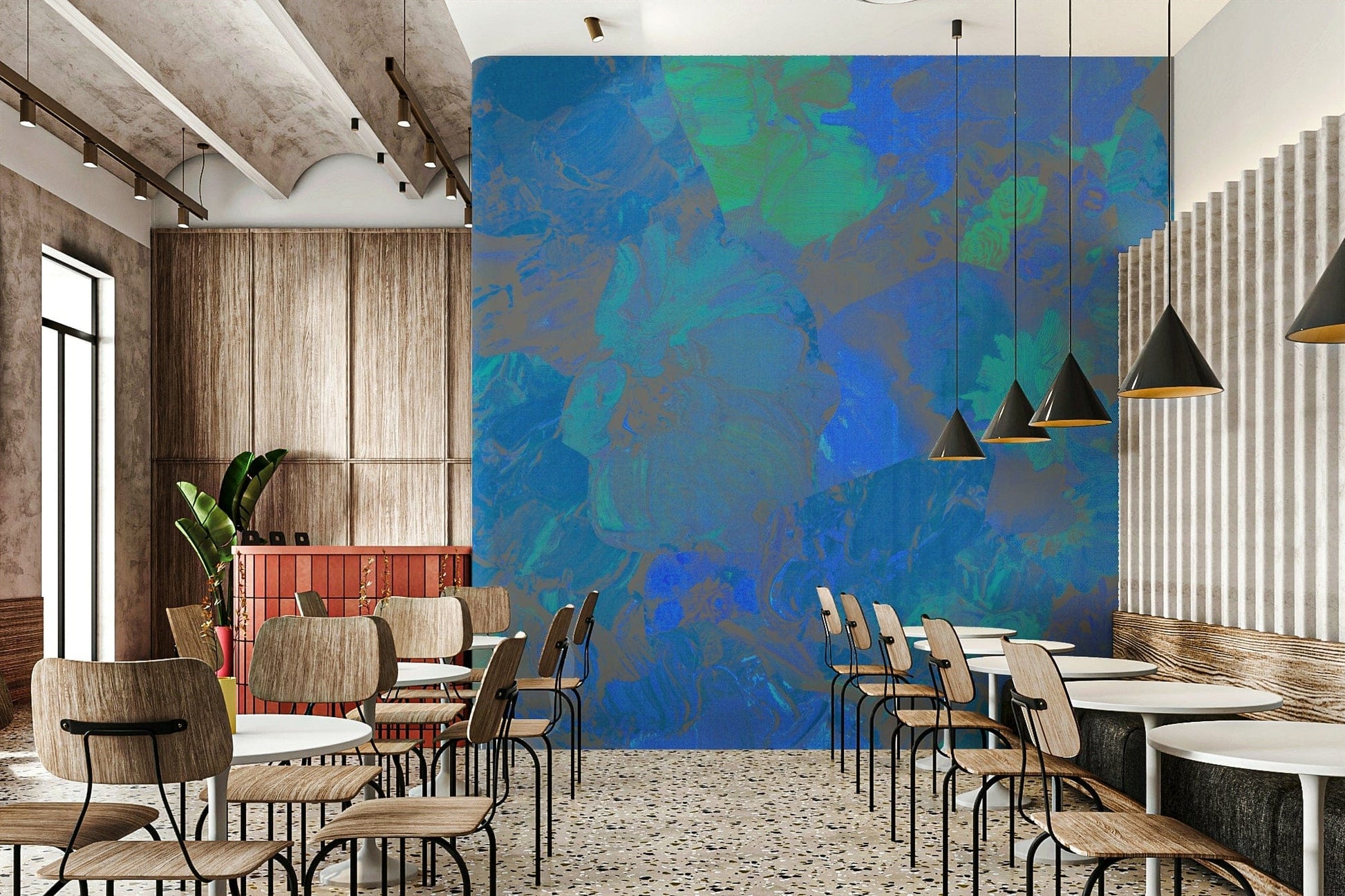 A graceful subtle bloom wall mural in cool, azure tones.

